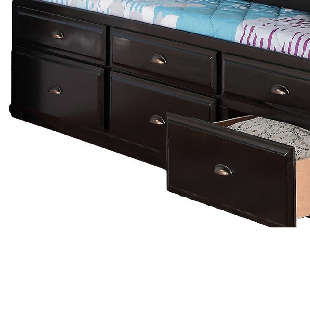 Toni Twin Size Trundle Bed with 6 Drawers Bookcase Headboard Black Wood By Casagear Home BM301417