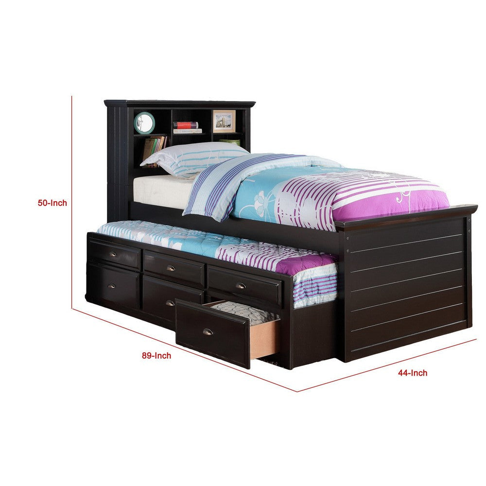 Toni Twin Size Trundle Bed with 6 Drawers Bookcase Headboard Black Wood By Casagear Home BM301417