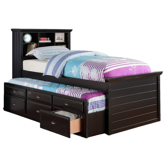 Toni Twin Size Trundle Bed with 6 Drawers, Bookcase Headboard, Black Wood By Casagear Home