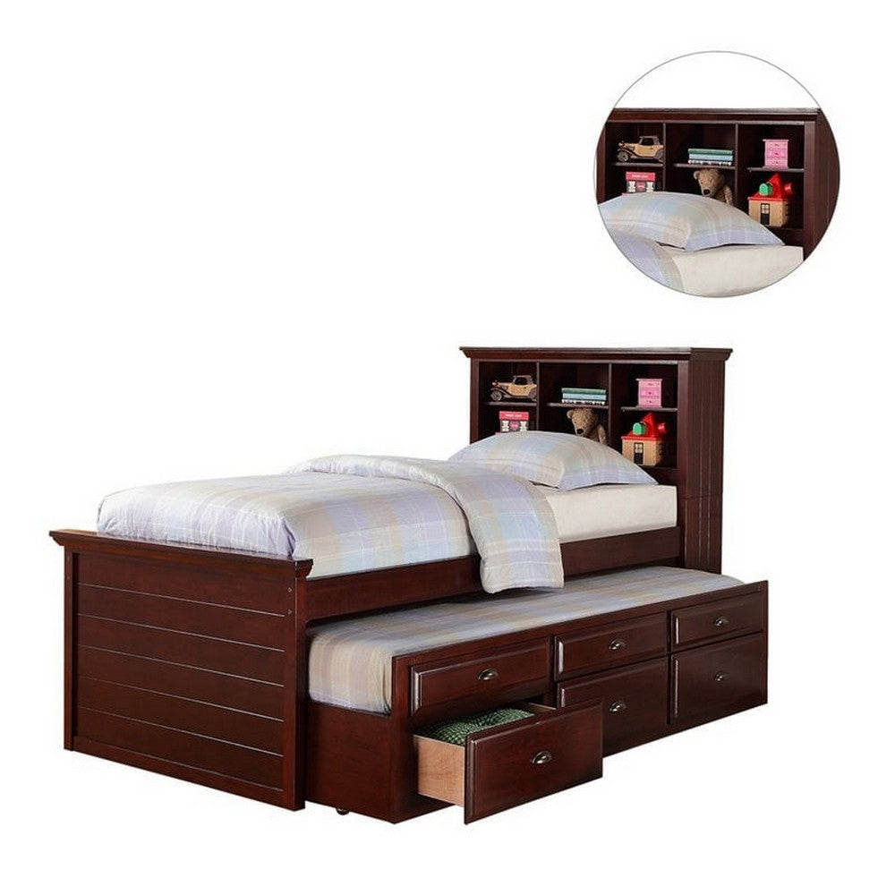 Toni Twin Size Trundle Bed with 6 Drawers Bookcase Headboard Brown Wood By Casagear Home BM301418