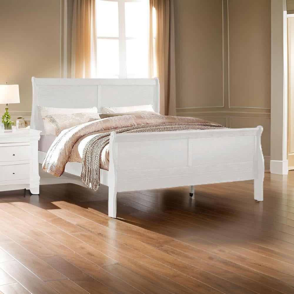 Nin King Size Sleigh Bed, Minimalist Style Headboard, Classic White Wood By Casagear Home
