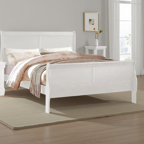Nin Queen Size Sleigh Bed, Minimalist Style Headboard, Classic White Wood