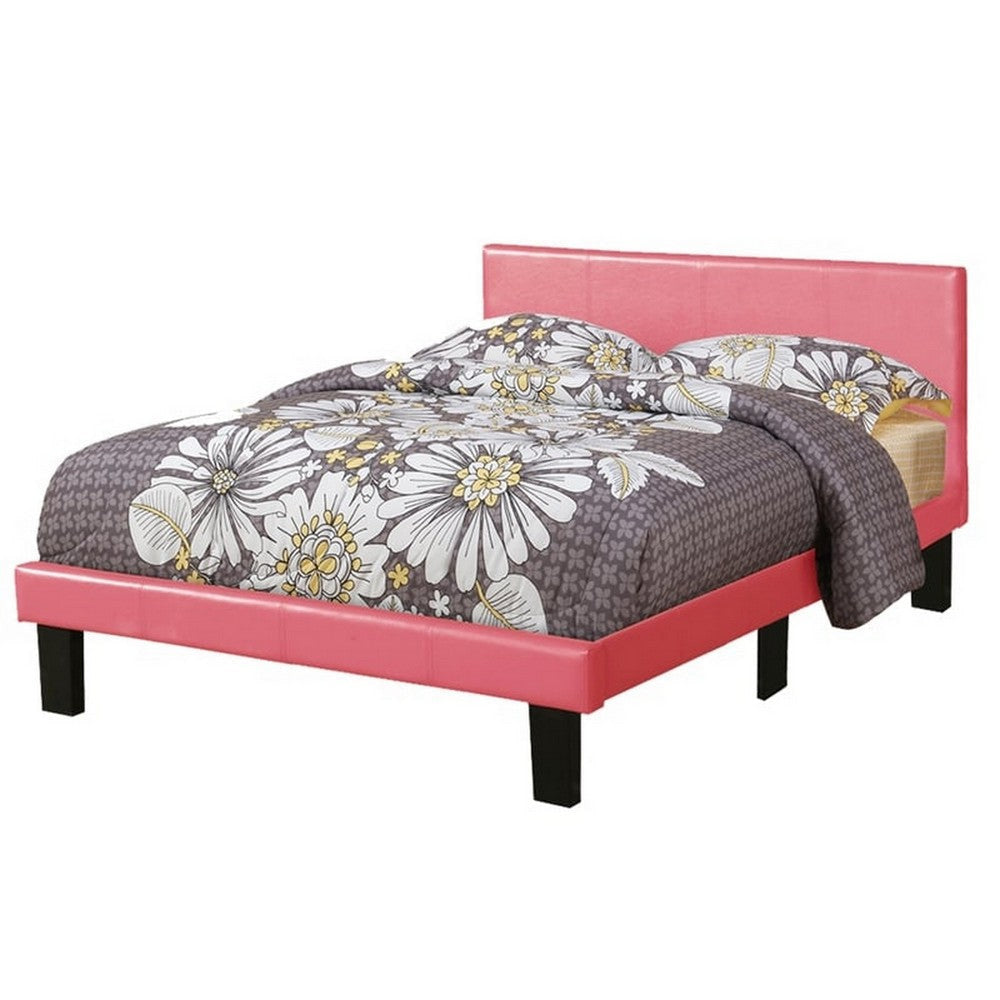 Modern Twin Size Bed, Upholstered Headboard, Metal Legs, Pink Faux Leather