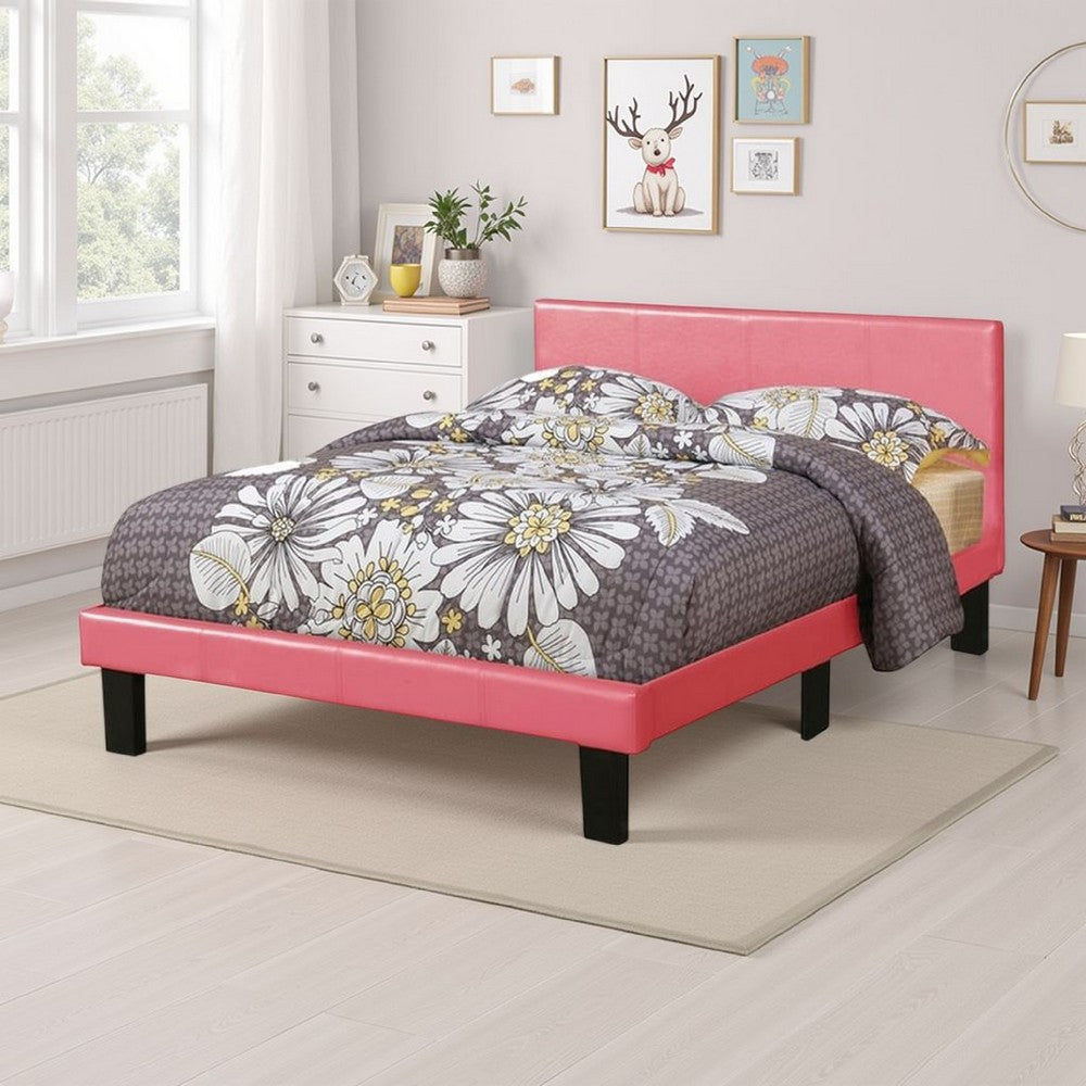 Modern Twin Size Bed, Upholstered Headboard, Metal Legs, Pink Faux Leather