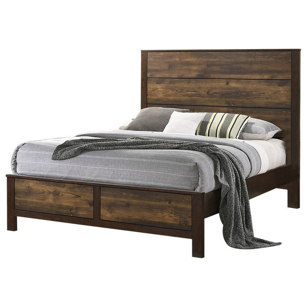 Roki Platform King Size Bed with Panel Design, Rustic Dark Brown Finish By Casagear Home