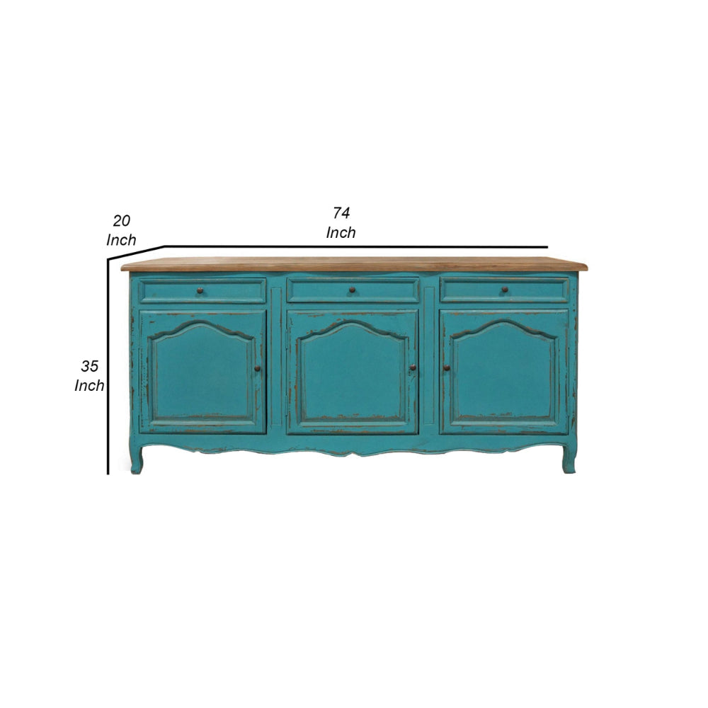 74 Inch Sideboard Buffet Cabinet 3 Doors and Drawers Painted Teal Finish By Casagear Home BM301528