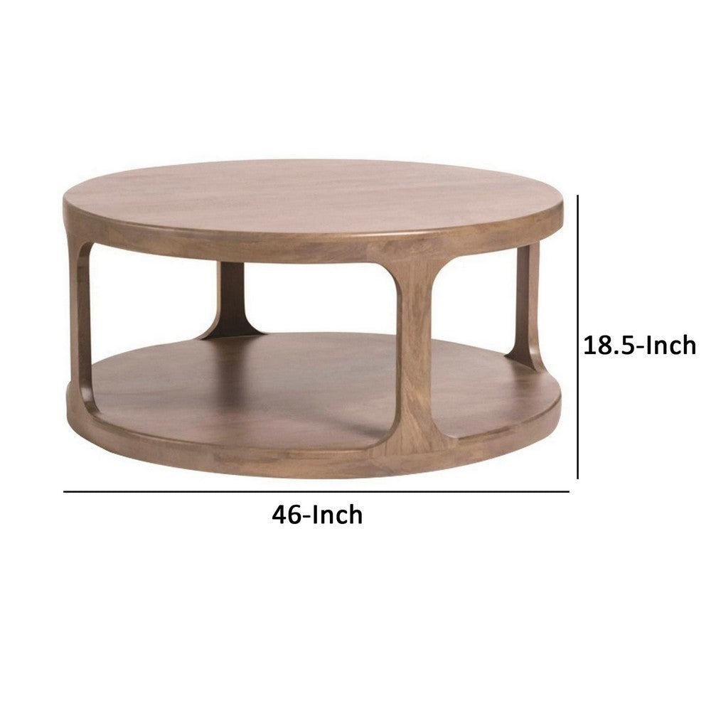 46 Inch Round Pillar Coffee Table with Shelf Rough Hewn Distressed Brown By Casagear Home BM301542