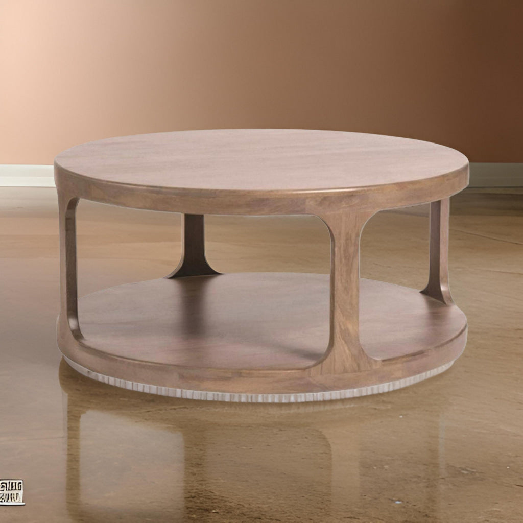 46 Inch Round Pillar Coffee Table with Shelf Rough Hewn Distressed Brown By Casagear Home BM301542