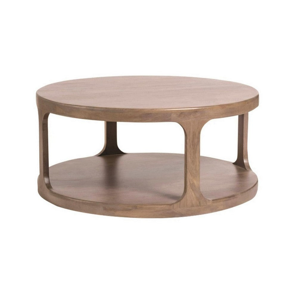 46 Inch Round Pillar Coffee Table with Shelf, Rough Hewn Distressed Brown By Casagear Home