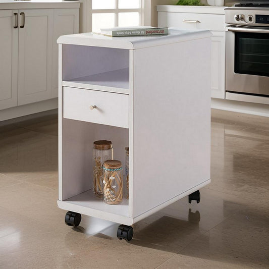 20 Inch Rolling Chairside Table, Single Drawer, 2 Open Shelves, Crisp White By Casagear Home