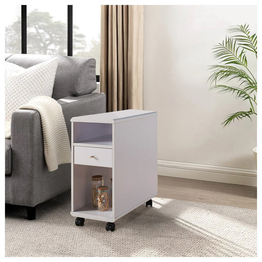 20 Inch Rolling Chairside Table, Single Drawer, 2 Open Shelves, Crisp White By Casagear Home