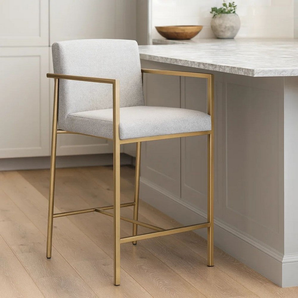 40" Counter Height Padded Stool, White Fabric, Brass Frame By Casagear Home