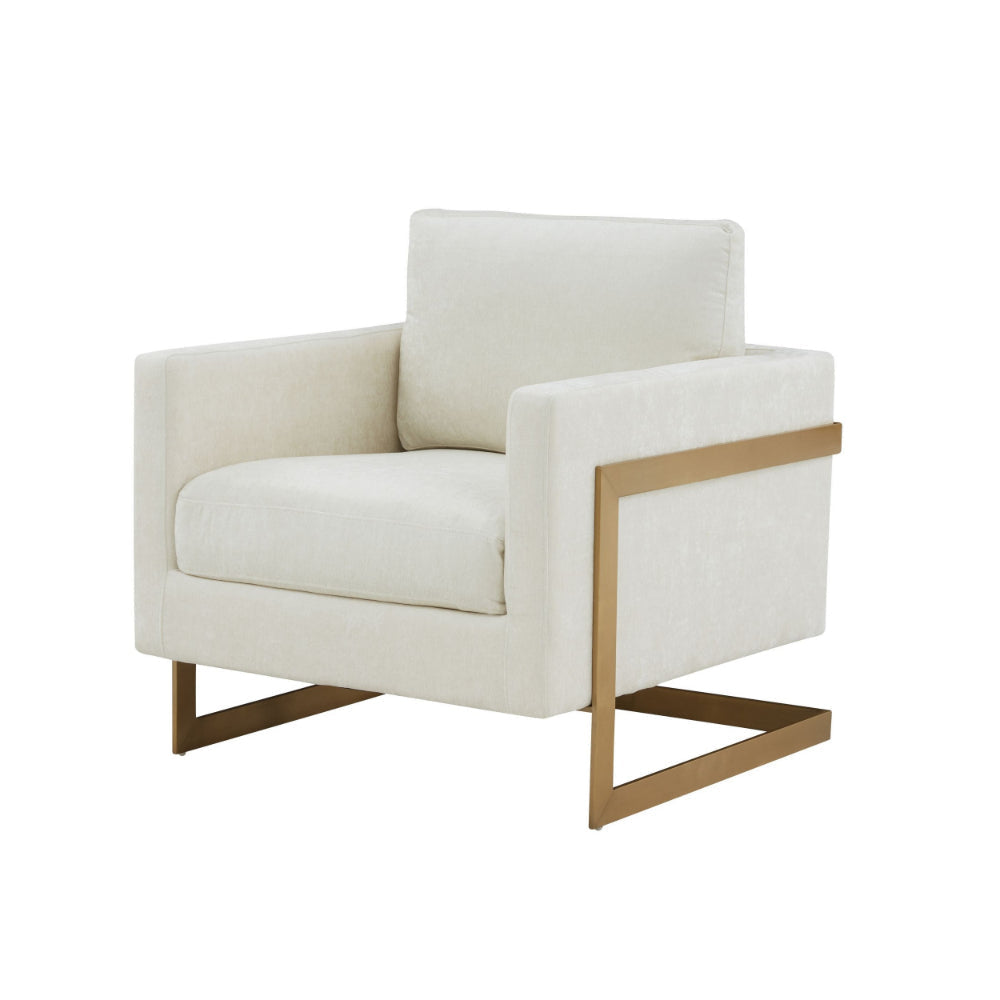 31 Inch Accent Armchair, Cream White Textured Fabric, Gold Cantilever Frame By Casagear Home