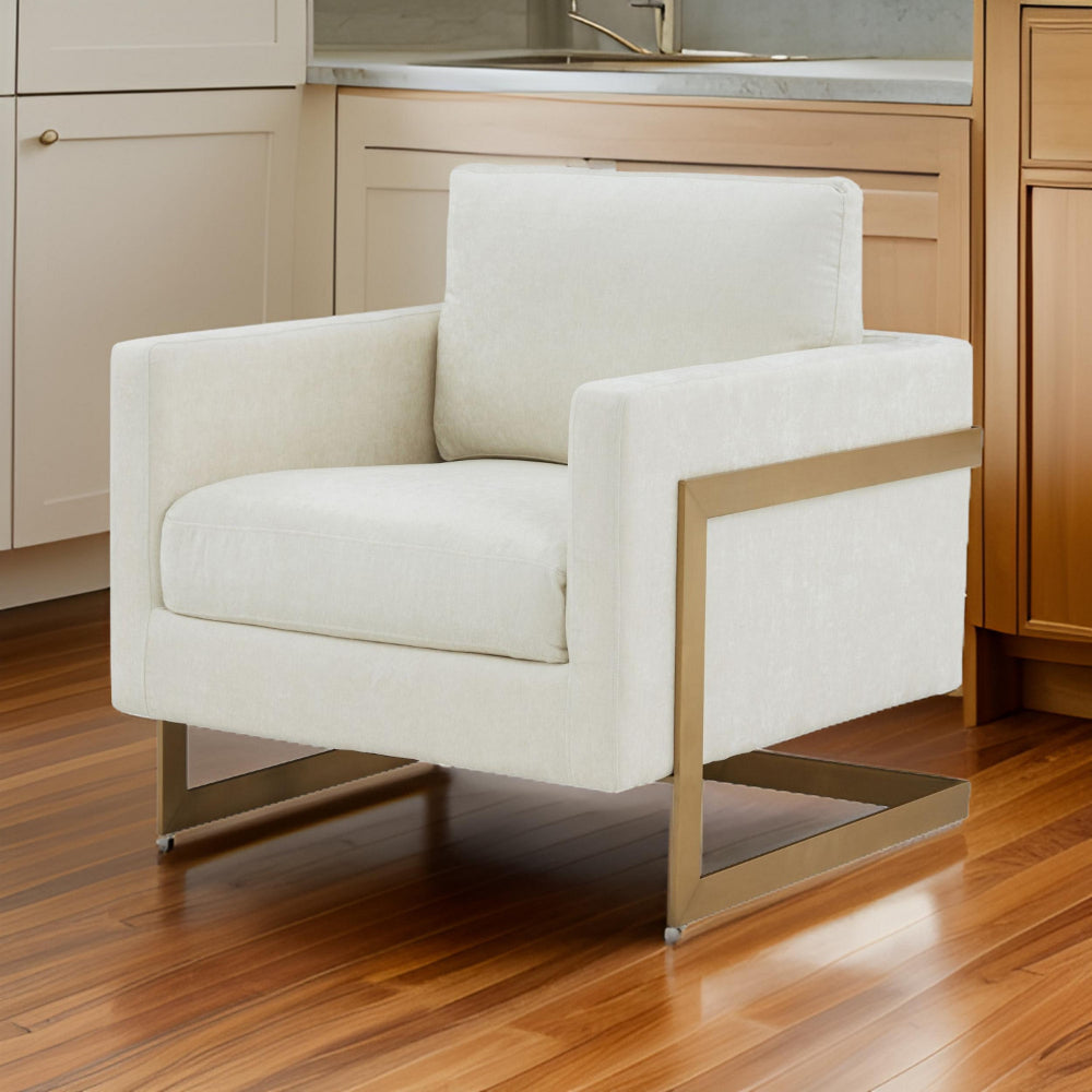 31 Inch Accent Armchair Cream White Textured Fabric Gold Cantilever Frame By Casagear Home BM301796