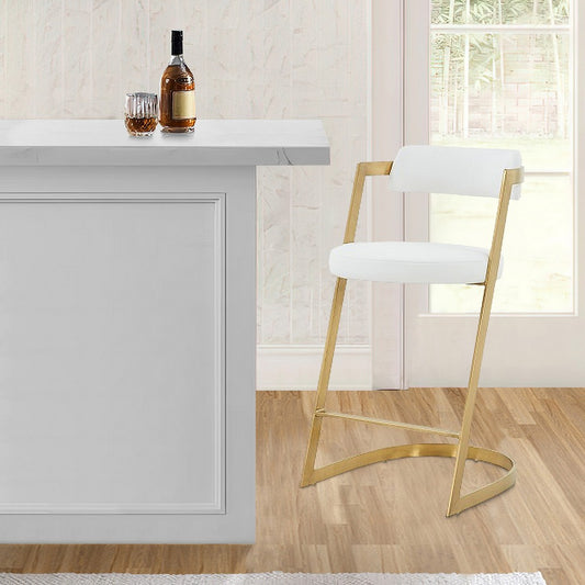 26" Counter Stool, Gold Cantilever Base, White Vegan Leather By Casagear Home