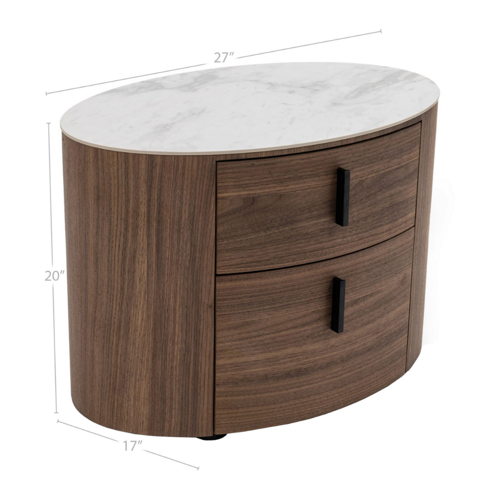 Cid Anay 27" Nightstand, Oval Faux White Marble, Walnut By Casagear Home