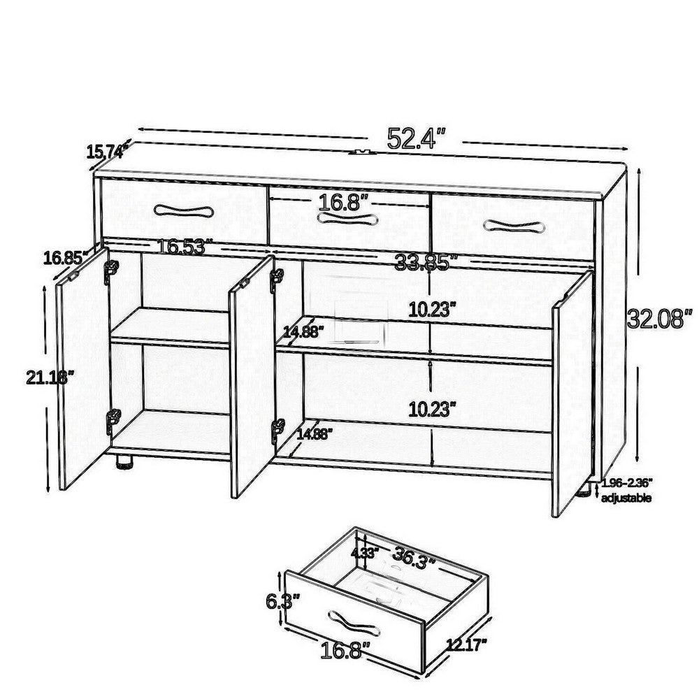 Jen 52 Inch Sideboard Buffet Console 3 Drawers 3 Cabinet Doors White By Casagear Home BM301999