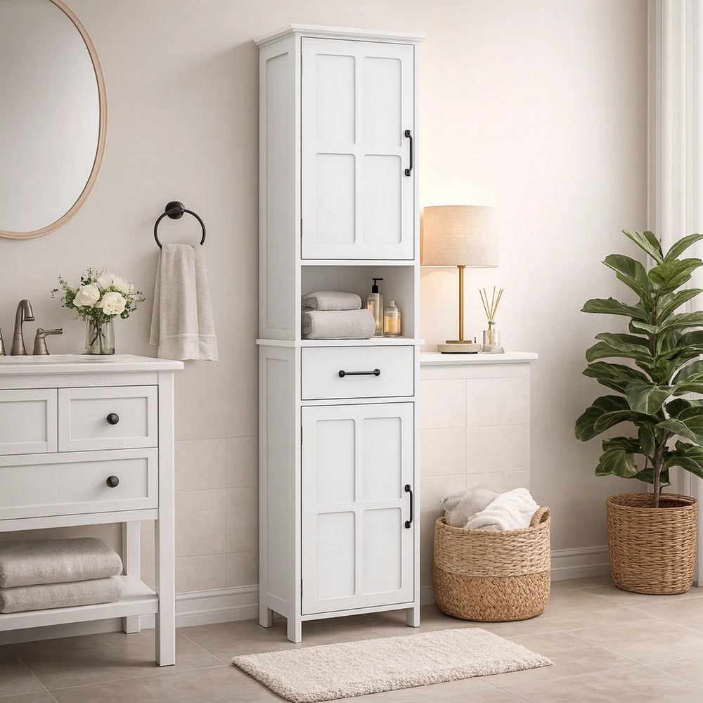 65" Tall Standing Cabinet, Open Shelf, Black Handles, White By Casagear Home