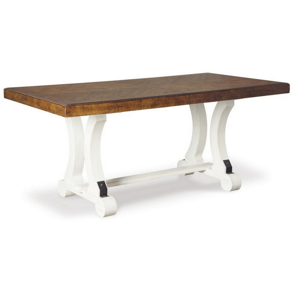 70-86 Inch Extendable Dining Table with Trestle Base, 2 Tone, Brown, White By Casagear Home