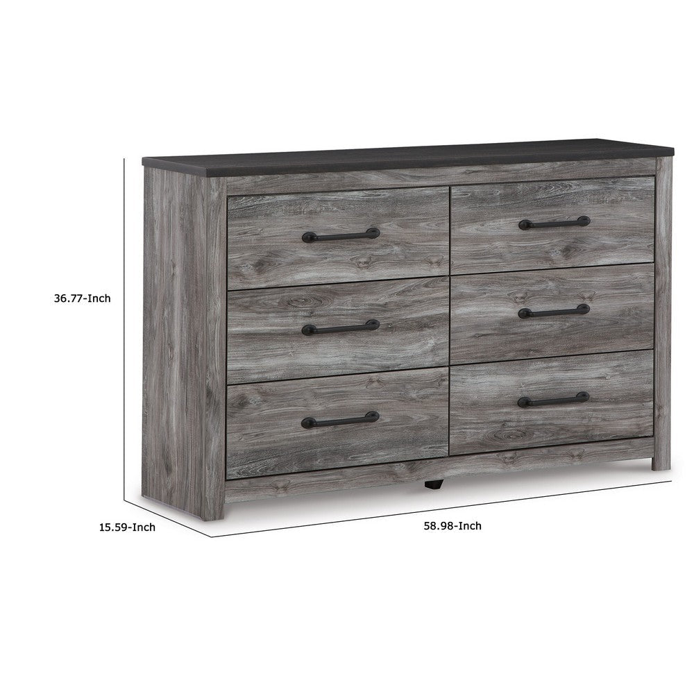 59 Inch Wide Dresser with 6 Drawers Metal Bar Handles Distressed Gray By Casagear Home BM302081