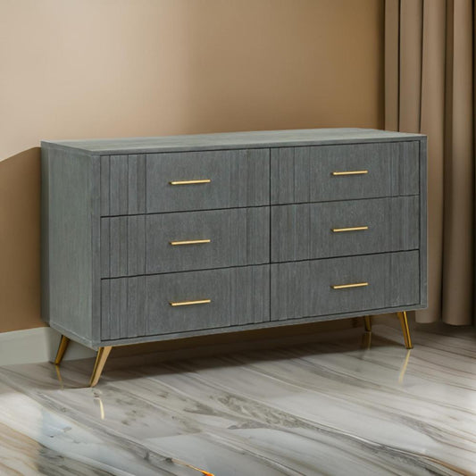 Cid Lime 63 Inch Wide Dresser Chest, 6 Gliding Drawers, Reeded Lines, Gray By Casagear Home