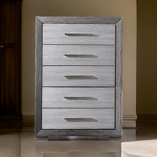 Reno 52 Inch Tall Dresser Chest, Brushed Gray Wood, Chrome Bracket Legs