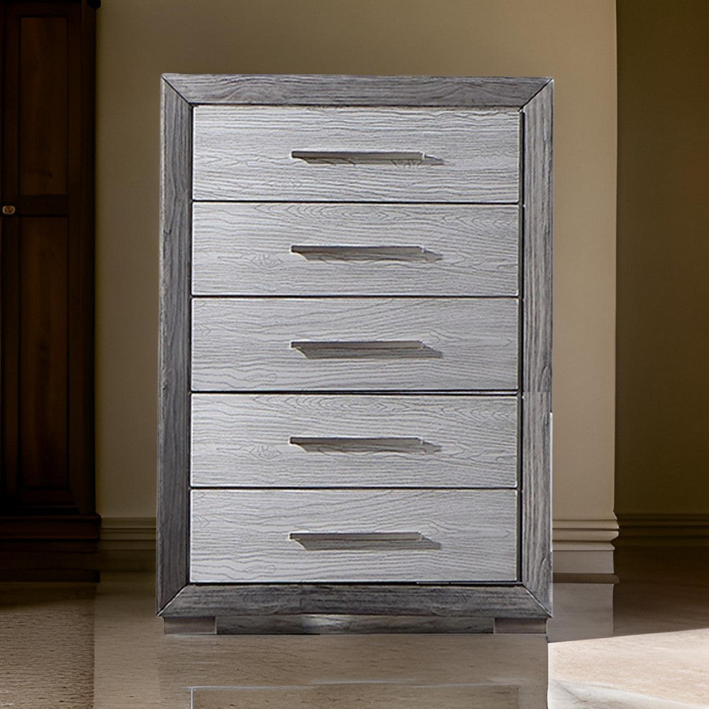 Reno 52 Inch Tall Dresser Chest, Brushed Gray Wood, Chrome Bracket Legs