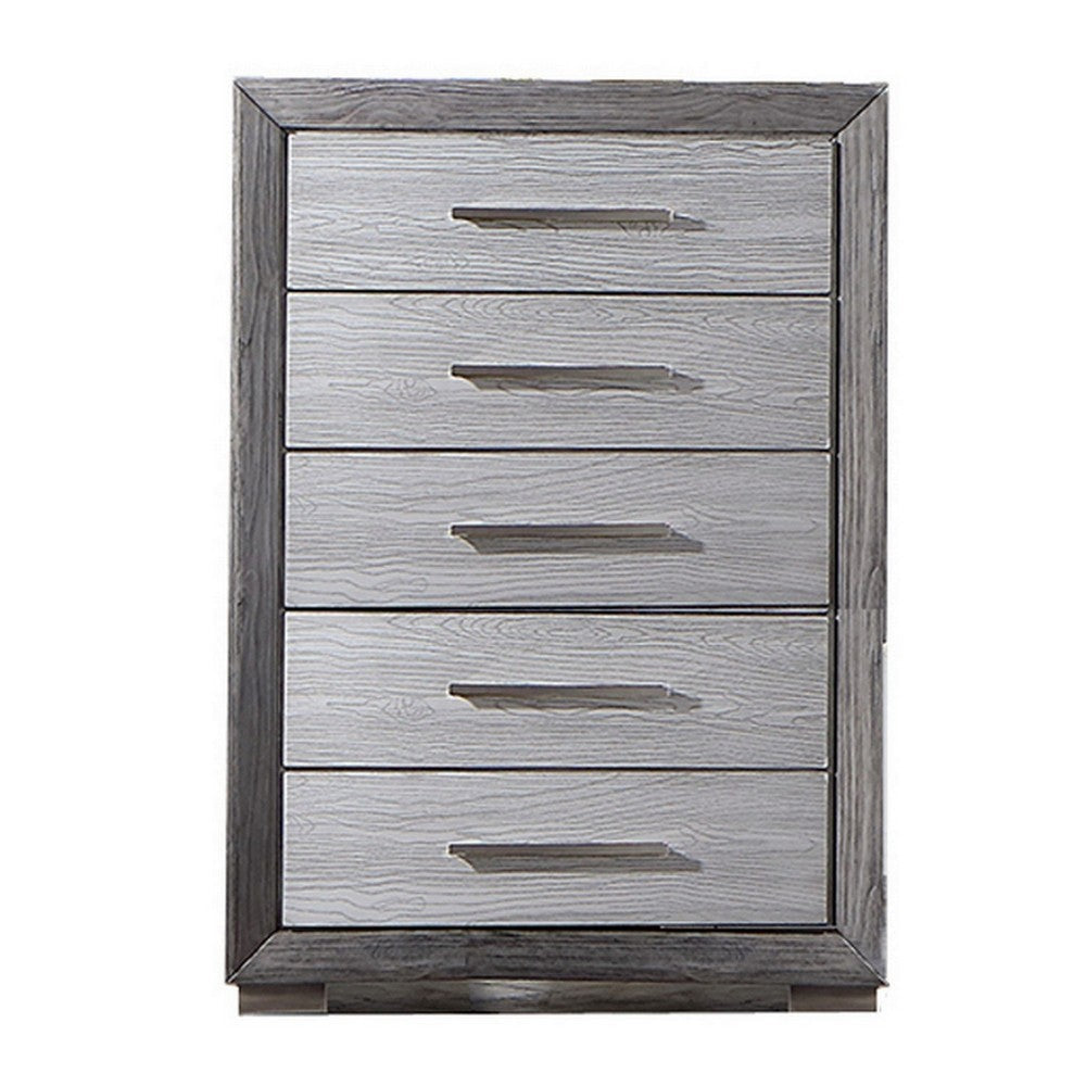 Reno 52 Inch Tall Dresser Chest, Brushed Gray Wood, Chrome Bracket Legs
