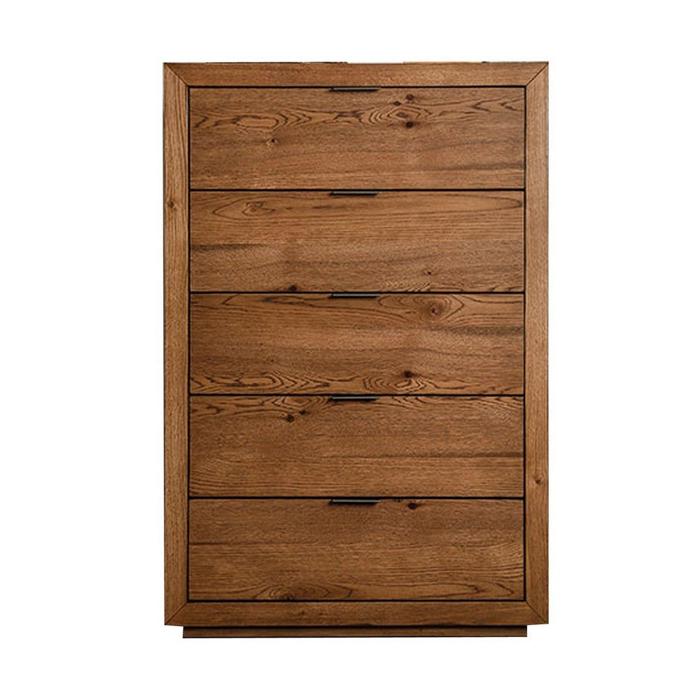 Lier 48 Inch Tall Dresser Chest Brown Wood 5 Drawers Integrated Handles By Casagear Home BM302140