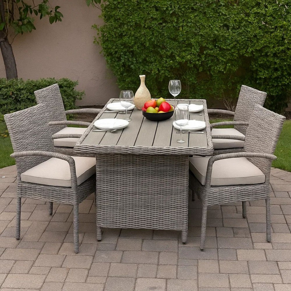 59 Inch Outdoor Aluminum Dining Table, Gray Faux Wicker, Slatted Surface