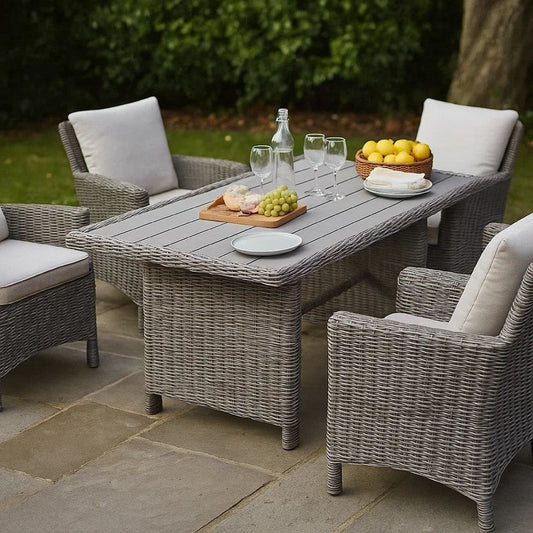59 Inch Outdoor Aluminum Dining Table, Gray Faux Wicker, Slatted Surface
