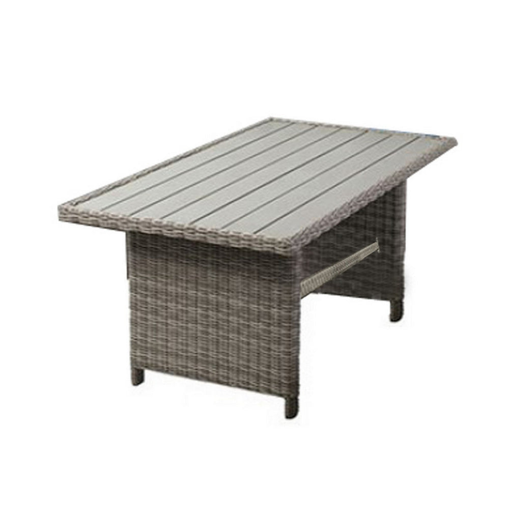 59 Inch Outdoor Aluminum Dining Table, Gray Faux Wicker, Slatted Surface