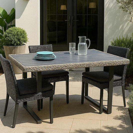 Foca 63 Inch Outdoor Rectangular Dining Table, Adjustable Height, Wicker