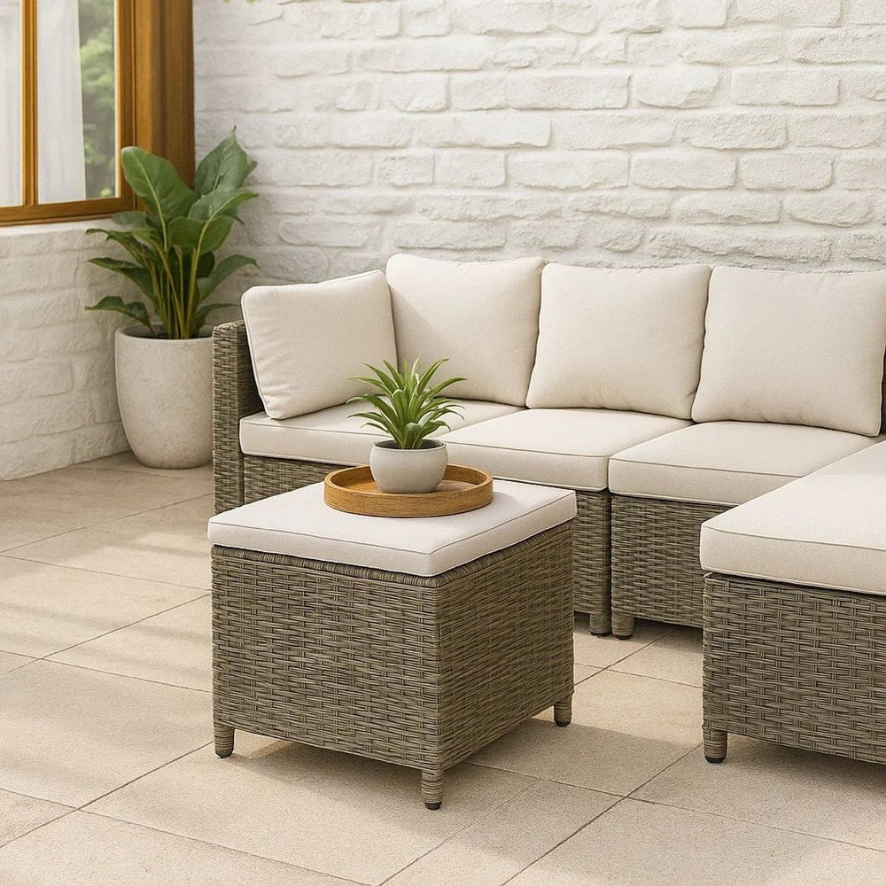 Foca 18 Inch Outdoor Square Ottoman, Set of 2, Gray Fabric, Faux Wicker