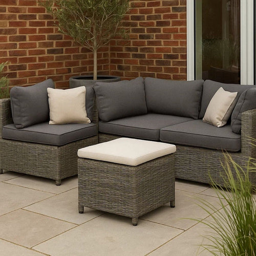 Foca 18 Inch Outdoor Square Ottoman, Set of 2, Gray Fabric, Faux Wicker