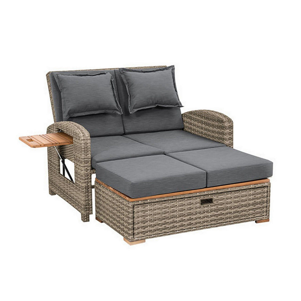 2 Piece Outdoor Chaise Lounger and Bench, Gray Fabric, Wicker, Adjustable