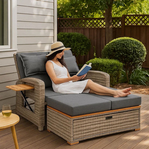 2 Piece Outdoor Chaise Lounger and Bench, Gray Fabric, Wicker, Adjustable