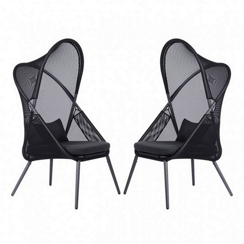 34 Inch Outdoor Foldable Chair, Set of 2, Black Fabric Seat, Steel Frame