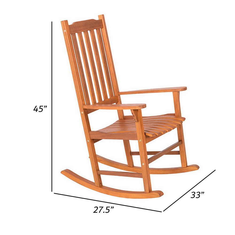 33 Inch Outdoor Rocking Chair, Natural Brown Wood, Slatted, Wide Armrests By Casagear Home