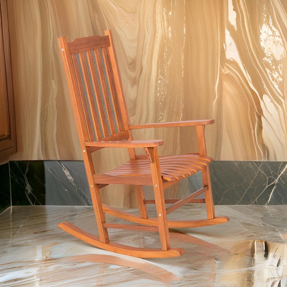 33 Inch Outdoor Rocking Chair, Natural Brown Wood, Slatted, Wide Armrests By Casagear Home