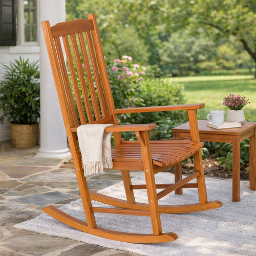 33 Inch Outdoor Rocking Chair, Natural Brown Wood, Slatted, Wide Armrests By Casagear Home