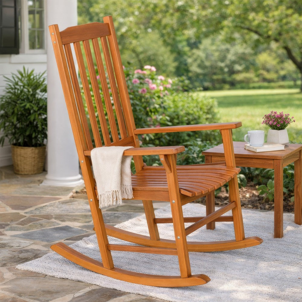 33 Inch Outdoor Rocking Chair, Natural Brown Wood, Slatted, Wide Armrests By Casagear Home