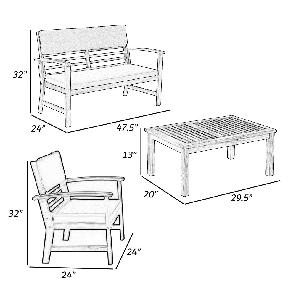 4 Piece Outdoor Patio Table Loveseat and Chairs Set Blue Brown Wood By Casagear Home BM302156