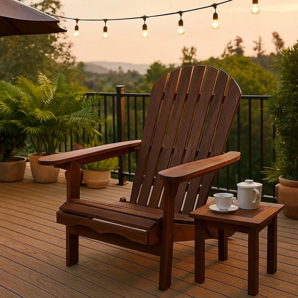 34 Inch Outdoor Adirondack Chair, Dark Brown Wood, Wide Armrests