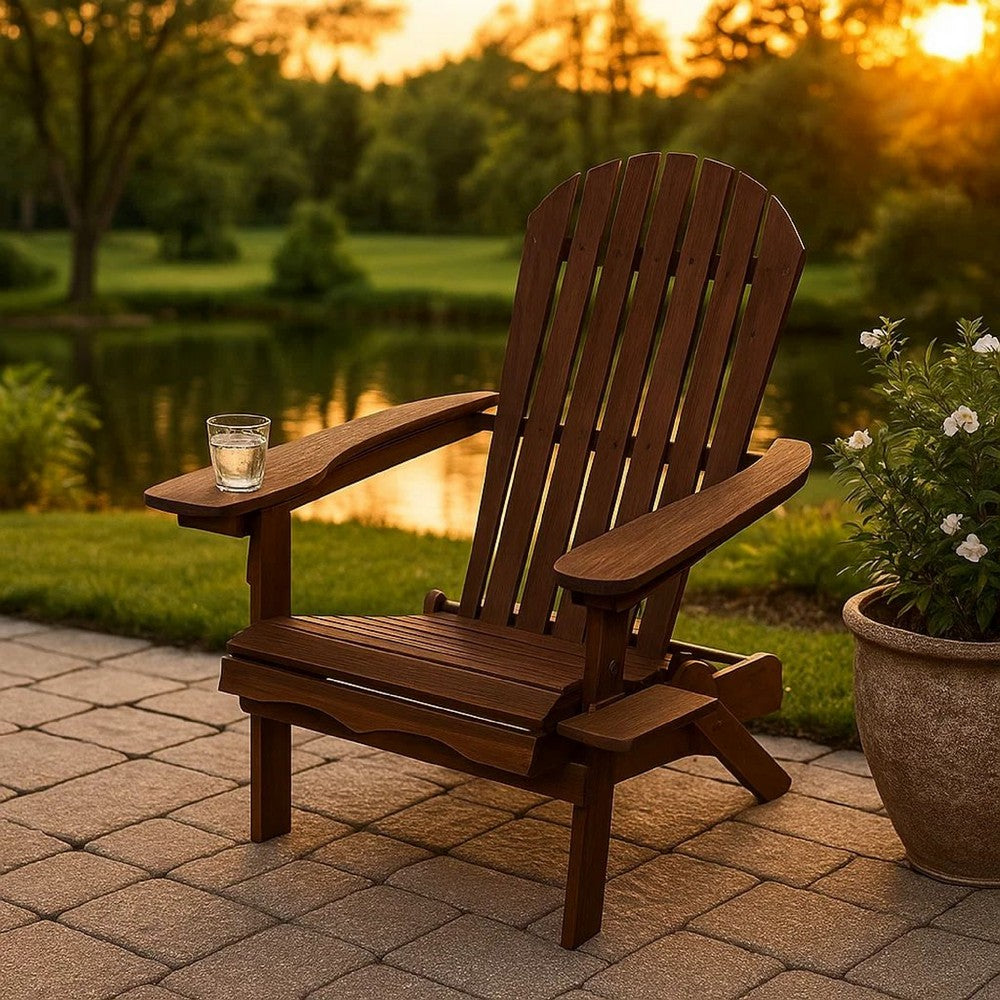 34 Inch Outdoor Adirondack Chair, Dark Brown Wood, Wide Armrests