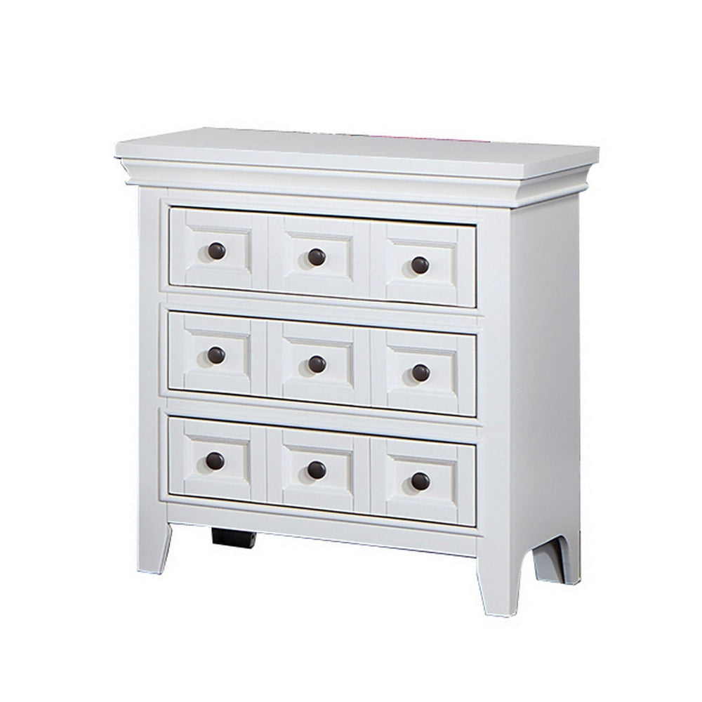 Cile 26 Inch Nightstand 3 Panel Drawers White Wood Round Nickel Handles By Casagear Home BM302178