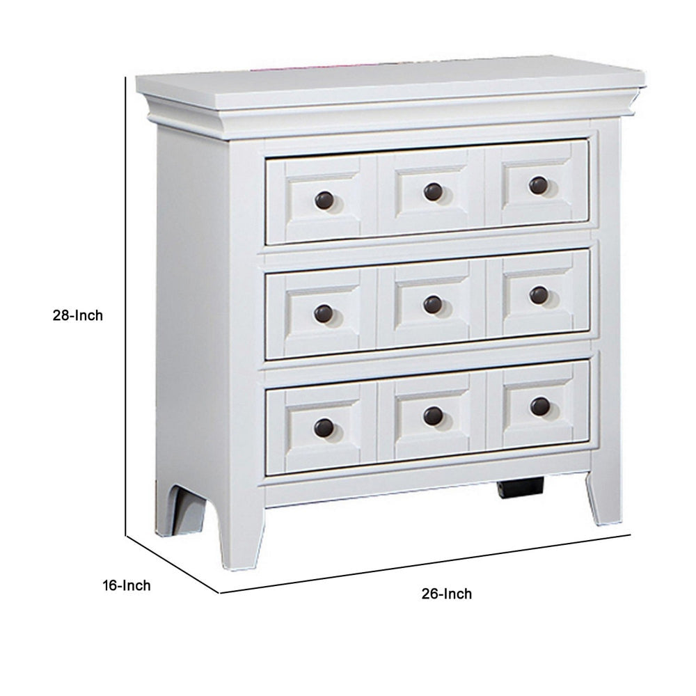 Cile 26 Inch Nightstand 3 Panel Drawers White Wood Round Nickel Handles By Casagear Home BM302178