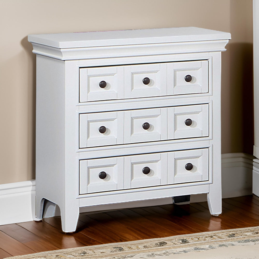 Cile 26 Inch Nightstand, 3 Panel Drawers, White Wood, Round Nickel Handles By Casagear Home