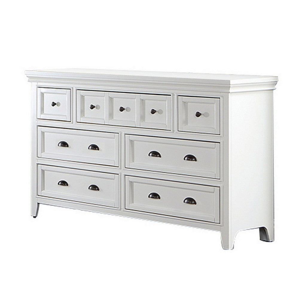 Cile 56 Inch Dresser 7 Gliding Drawers White Wood Round Nickel Handles By Casagear Home BM302179