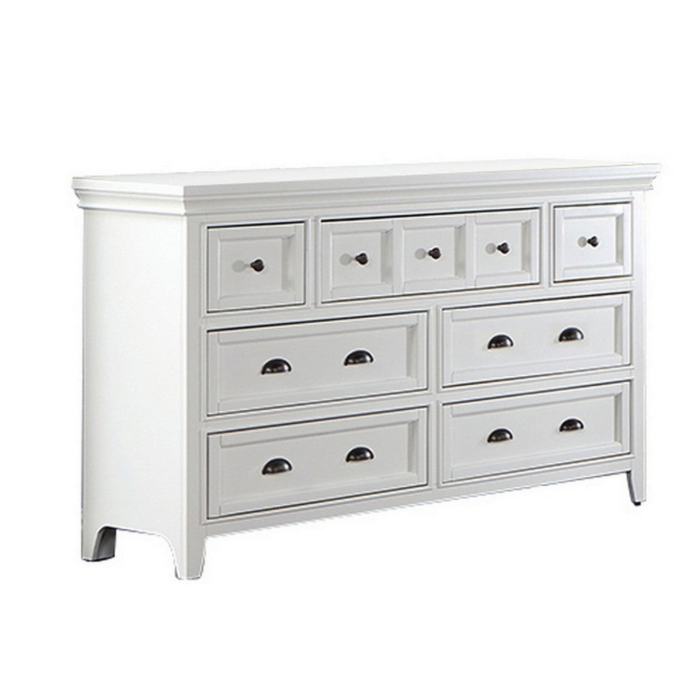 Cile 56 Inch Dresser, 7 Gliding Drawers, White Wood, Round Nickel Handles By Casagear Home